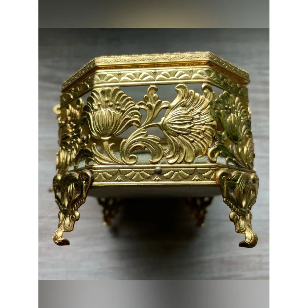 French 1920s filigree  brass & glass casket Ormolu gilt jewelry box EXCELLENT!